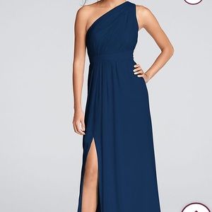 NWT David’s Bridal Long One-Shoulder Marine Dress